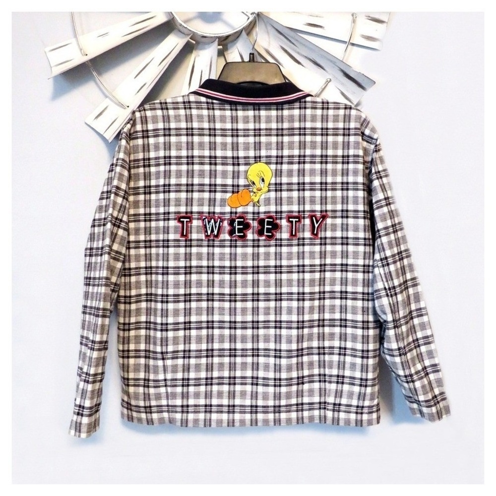 VTG Warner Bros Studio Tweety Bird S/M Plaid Zip Shirt Embroidered Looney Tunes - Picture 4 of 8